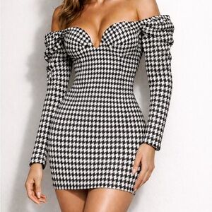 Miss Circle Houndstooth Puff Sleeve Mini Dress – Off Shoulder Corset (S)